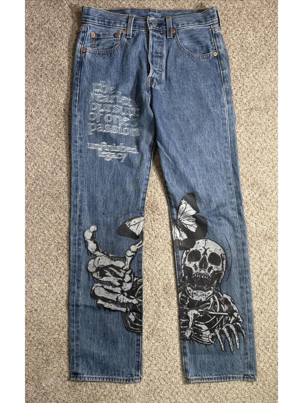 Levi's 501 Unfinished Legacy T Skeleton Butterfly Graphic  Blue Jeans Size 28